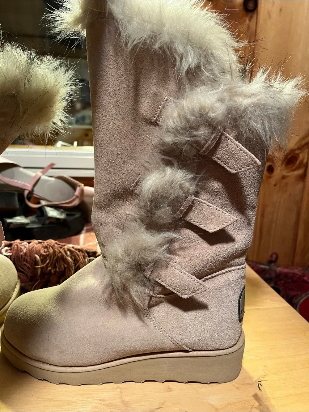 BearPaw Pink & Cream Faux Suede Winter Fur-Trim Boots